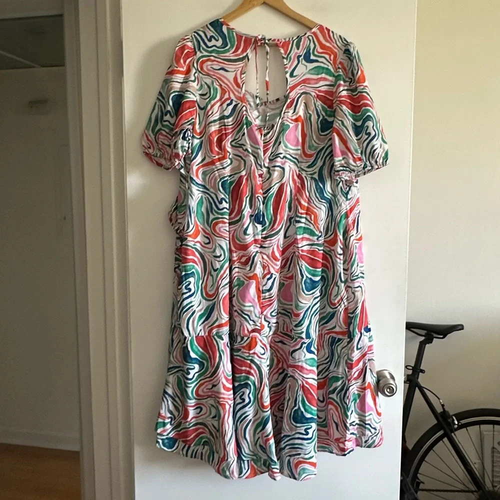 NWT June + Vie Printed Watercolor Marble Multicolor Hi-Low Ruffle Midi Dress - Picture 7 of 11